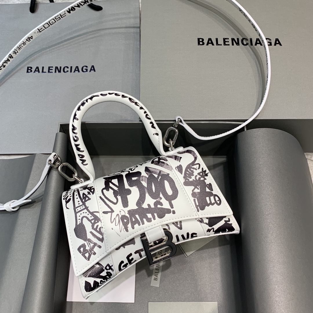 Balenciaga Hourglass XS Handbag Graffiti Shoulder Bag White